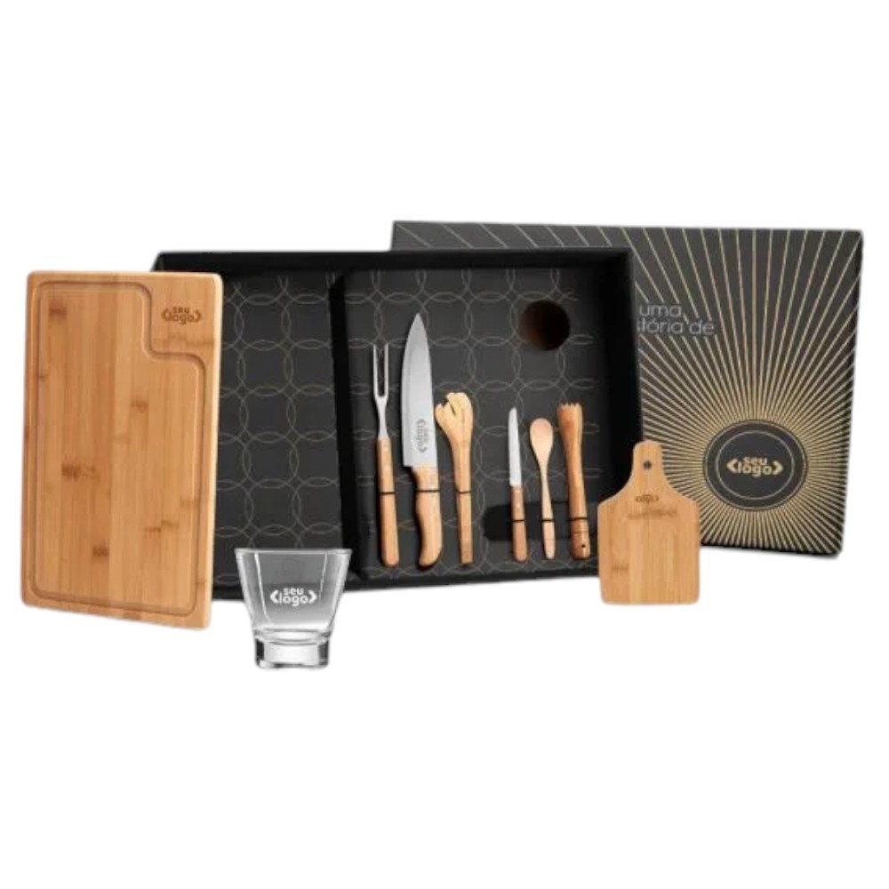 Kit para Churrasco e Caipirinha com Tábua e Facas - 9 Peças | Brinde de Final de Ano Personalizado-KT-90037