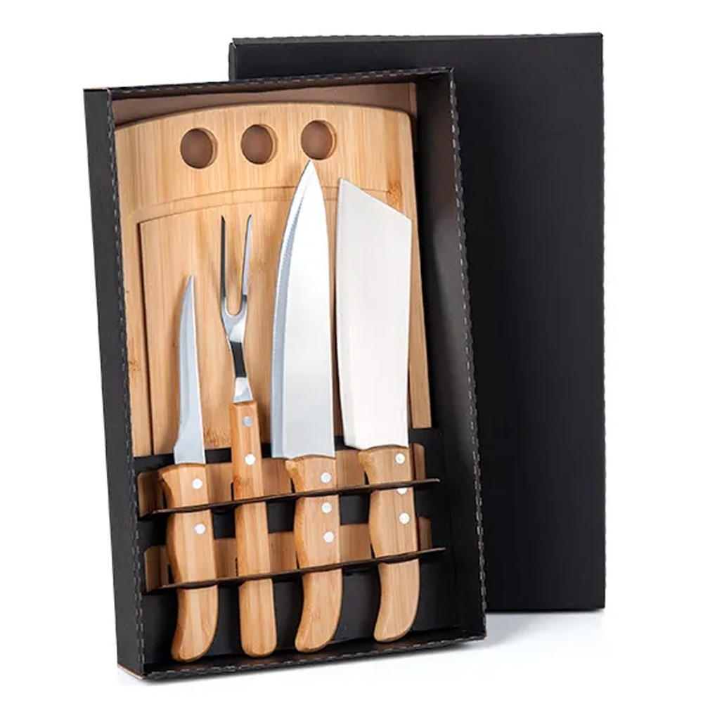 KIT PARA CHURRASCO OU COZINHA EM BAMBU / INOX - 5 PÇS